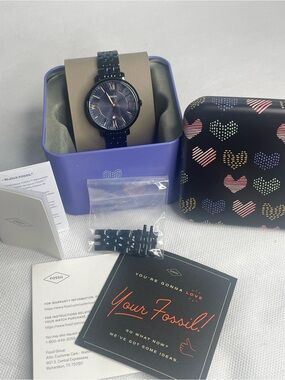 Fossil Jacqueline Blue Steel Watch Guilloche Tooled Dial Date Window ES4094